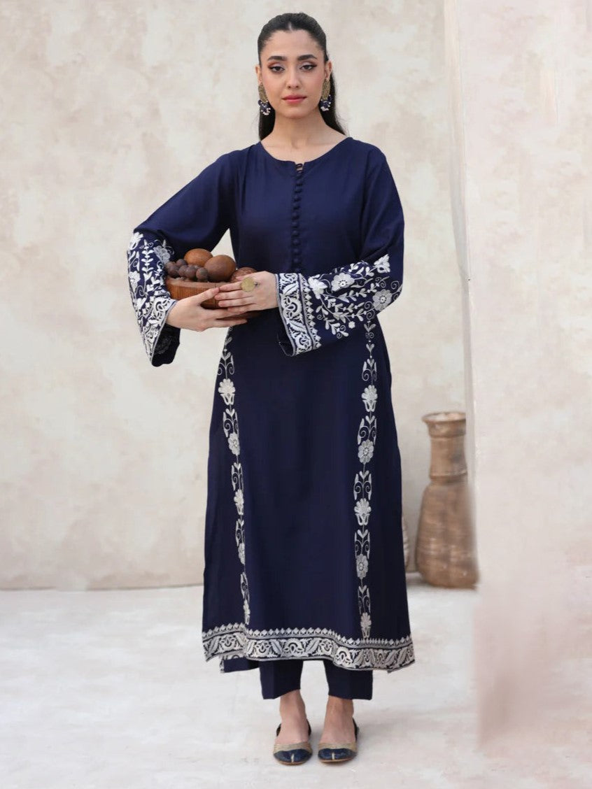 Noor-e-Nazakat LONG LENGTH (Navy & White) - Embroidered Dress - The Mak's Store