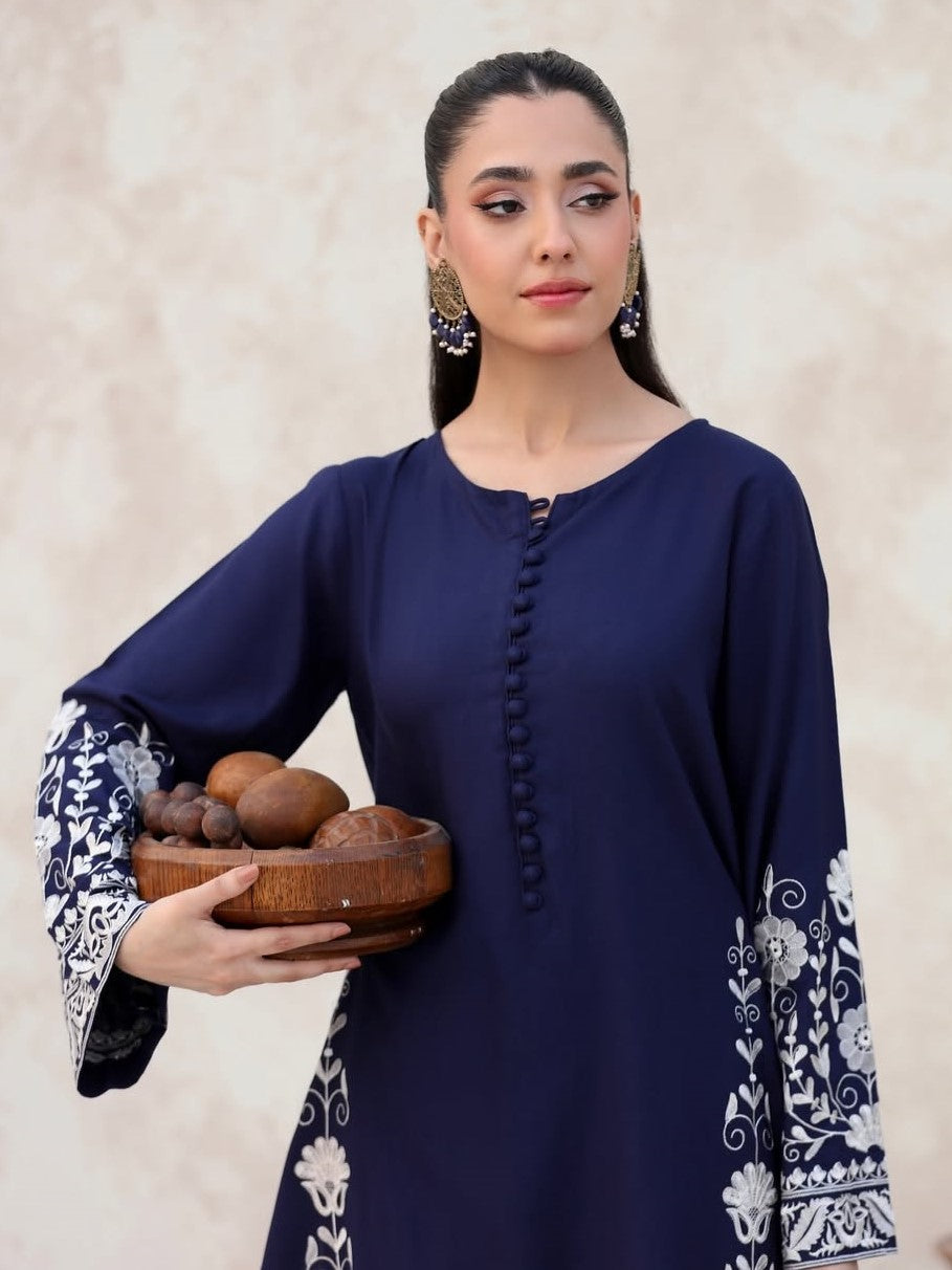 Noor-e-Nazakat LONG LENGTH (Navy & White) - Embroidered Dress - The Mak's Store